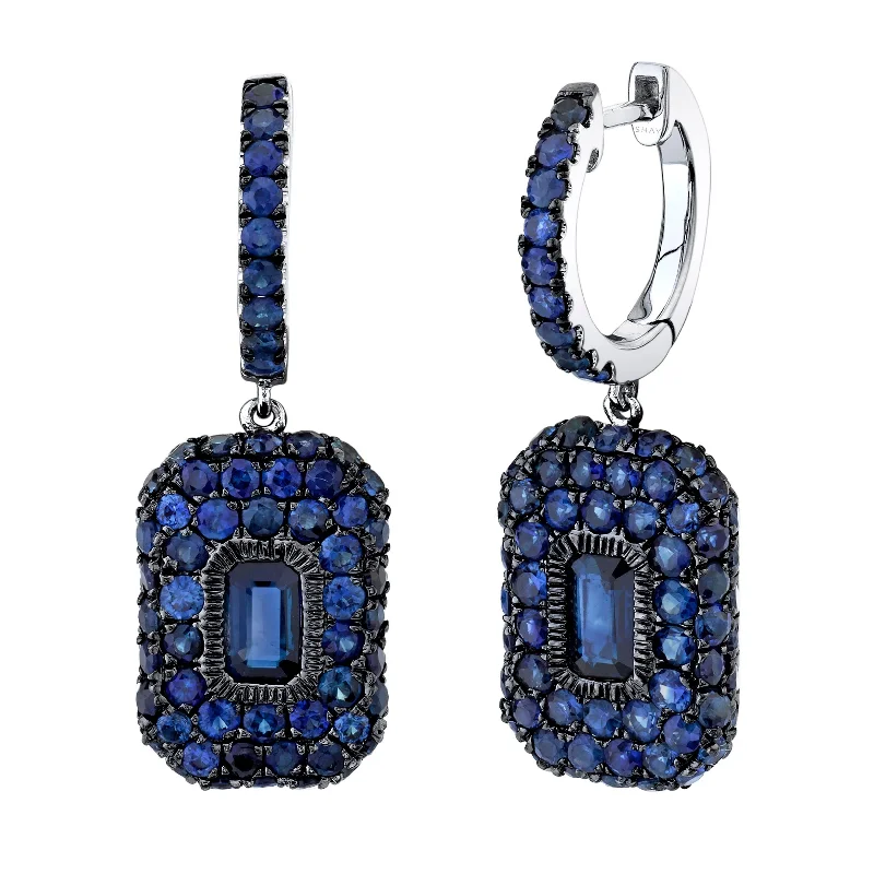 Round earrings for women -BLUE SAPPHIRE PAVE BAGUETTE DROP EARRINGS