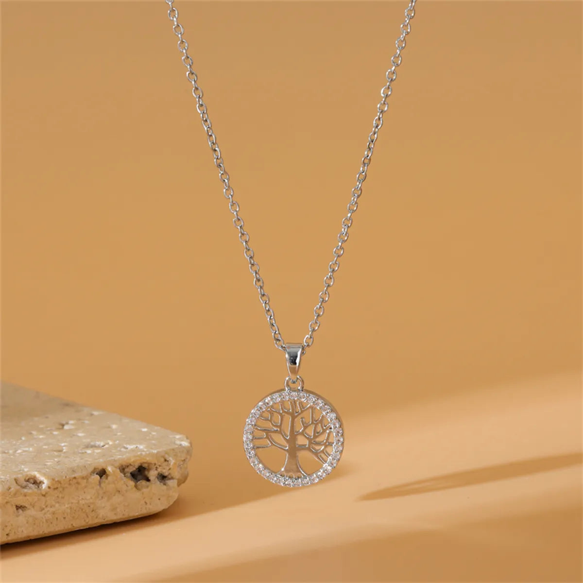 Double pendant necklaces for women -304 Stainless Steel Titanium Steel White Gold Plated Simple Style Plating Inlay Life Tree Zircon Pendant Necklace