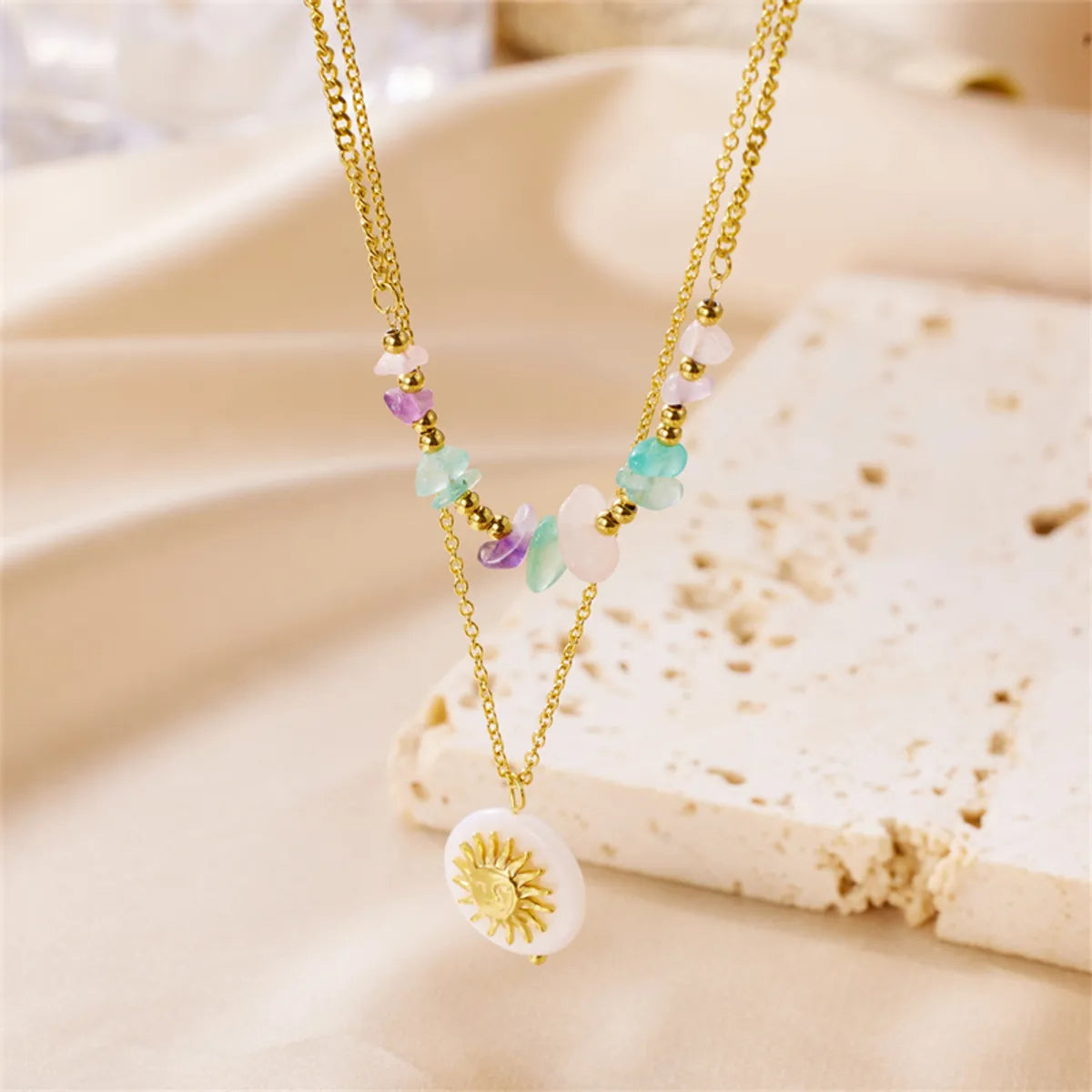 Engraved necklaces for women -Wholesale Vintage Style Sun Stainless Steel Beaded Plating 18k Gold Plated Pendant Necklace