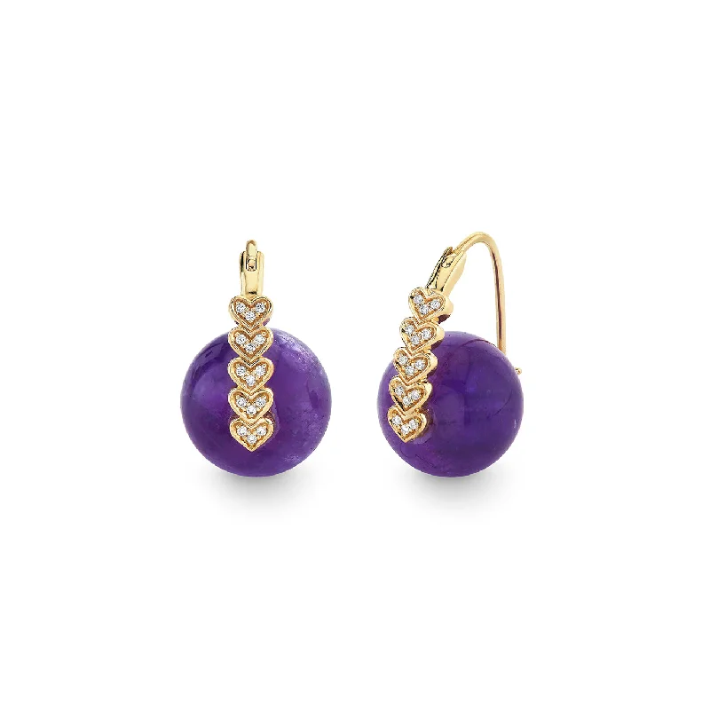 Gemstone drop earrings for women -Gold & Diamond Heart Amethyst Earrings