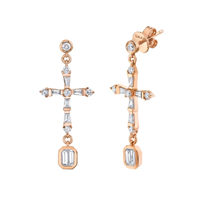 Hoop dangle earrings for women -DIAMOND CROSS DROP EARRINGS