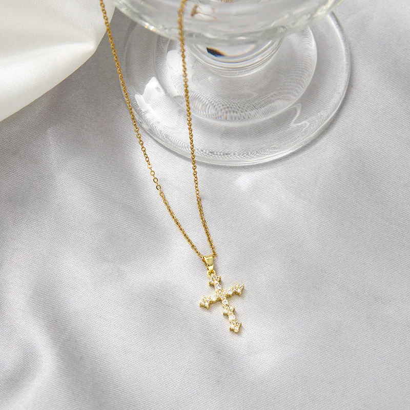 Luxury gold necklaces for women -Retro Cross Stainless Steel Inlay Rhinestones Pendant Necklace