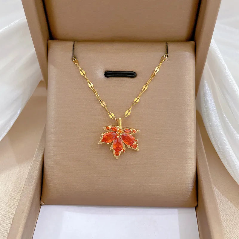 Long necklaces for women -Retro Maple Leaf Titanium Steel Copper Inlay Rhinestones Necklace