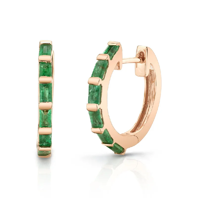 Gold leaf earrings for women -EMERALD BAGUETTE HUGGIES