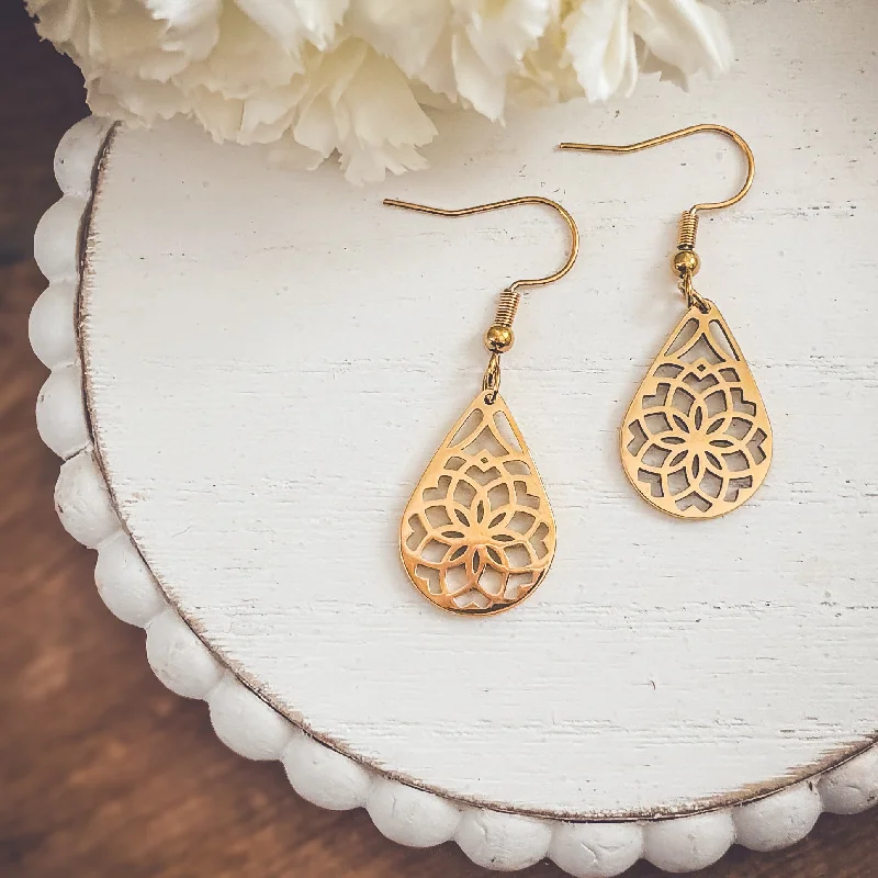 Designer hoop earrings for women -Beautiful Gold Floral Drop Earrings