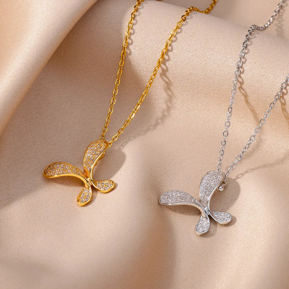 Double-layered necklaces for women -Copper White Gold Plated Gold Plated Simple Style Classic Style Plating Inlay Butterfly Zircon Pendant Necklace