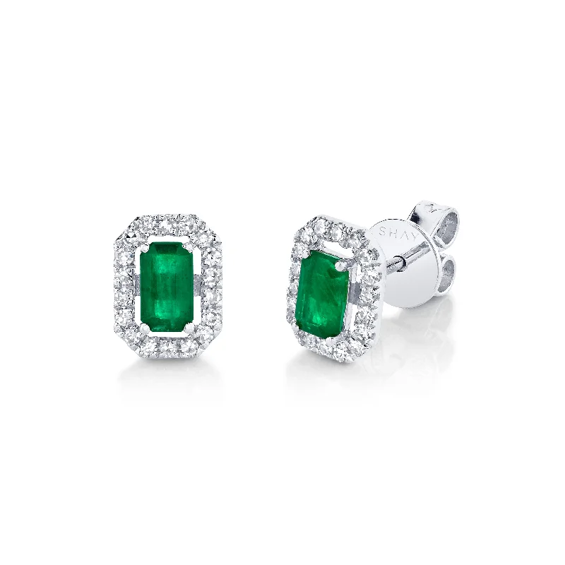 Cute earrings for women -MINI ME DIAMOND HALO EMERALD STUDS