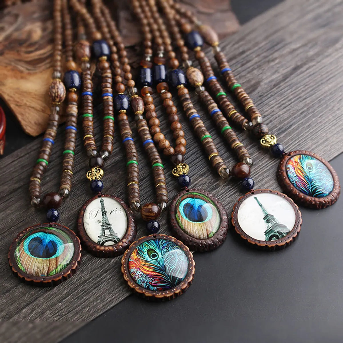 Engagement necklaces for women -Ethnic Style Feather Wood Beaded Unisex Pendant Necklace 1 Piece