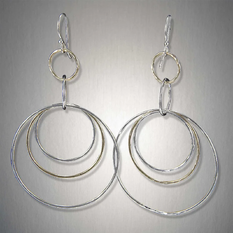 Bridal hoop earrings for women -2220 - Dangling Triple Circles - Mixed Metal