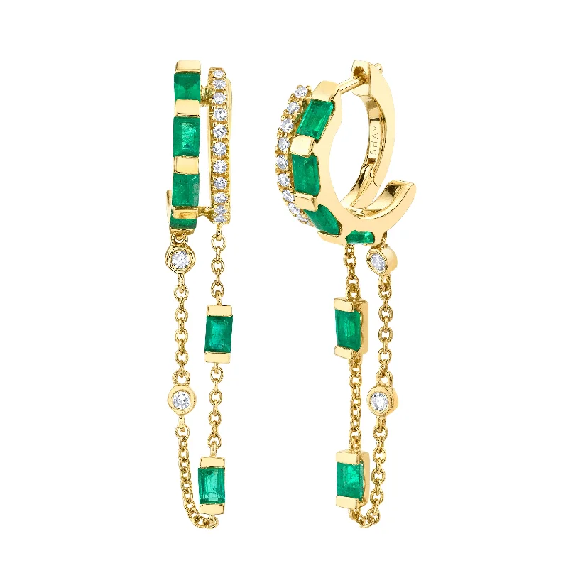 Classic earrings for women -EMERALD & DIAMOND DOUBLE MIXED FRINGE HUGGIES