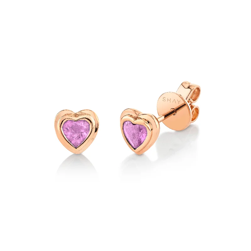 Colorful statement earrings for women -READY TO SHIP MINI ME PINK SAPPHIRE BEZEL HEART STUDS