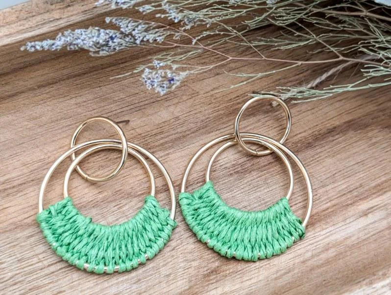 Bridal earrings for women -Beautiful Green Raffia Hoop Earrings