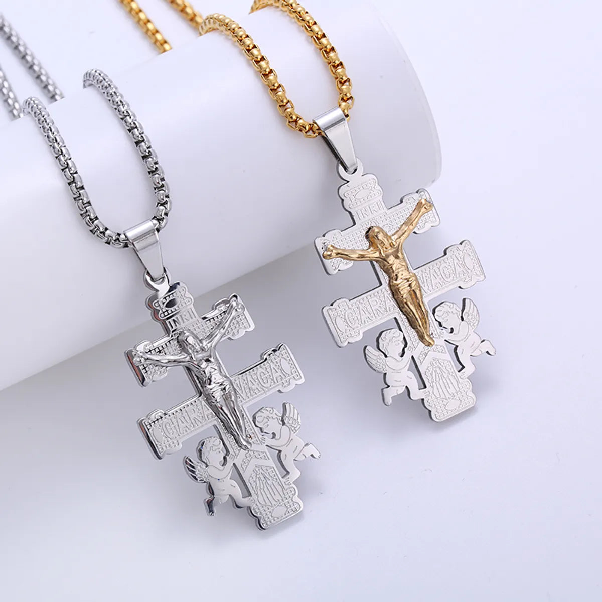 Boho necklaces for women -304 Stainless Steel 18K Gold Plated Hip-Hop Punk Cross Angel Angel Wings No Inlaid Pendant Necklace