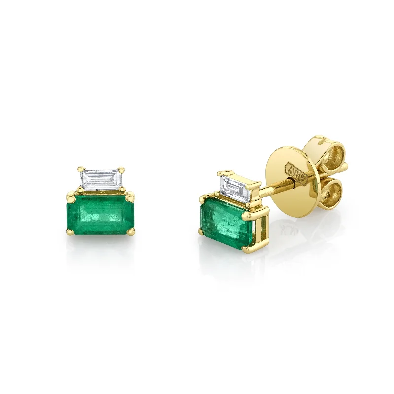 Statement earrings for women -READY TO SHIP DIAMOND & EMERALD TWO STEP STUDS