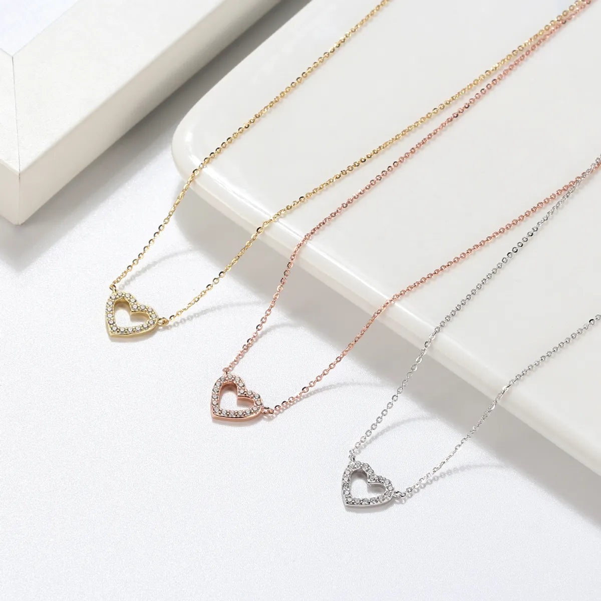 High-quality gemstone necklaces for women -Simple Style Classic Style Heart Shape Sterling Silver 14k Gold Plated Rose Gold Plated White Gold Plated Zircon Pendant Necklace In Bulk