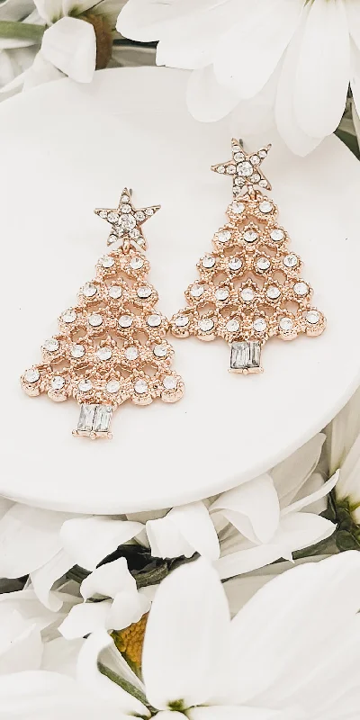 Wedding stud earrings for women -Beautiful Gold and Crystal Christmas Tree Earrings