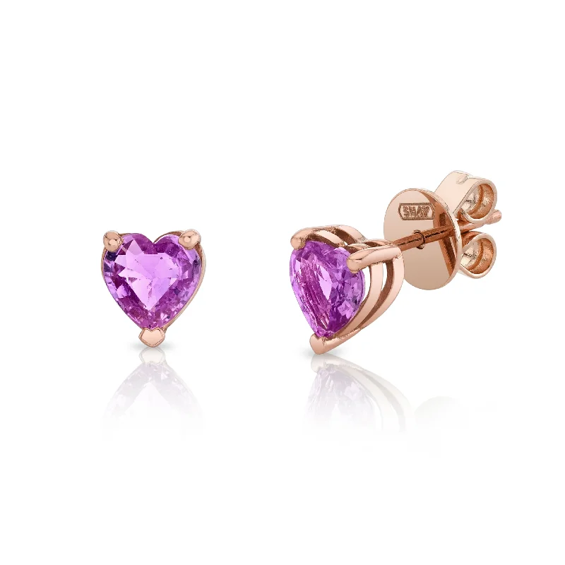 Double-sided earrings for women -PINK SAPPHIRE HEART STUDS