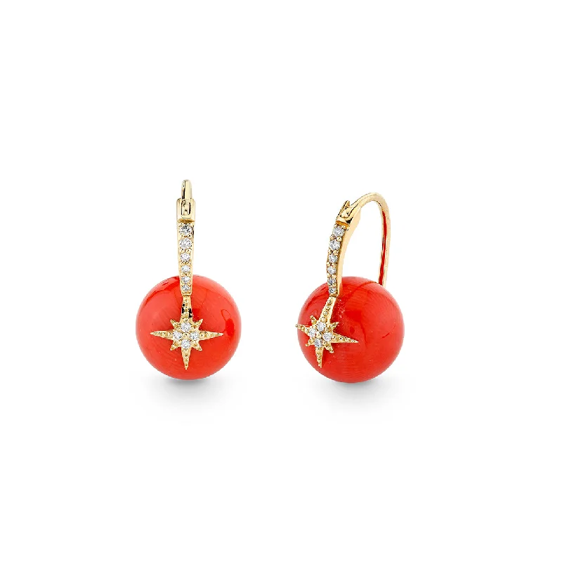 Boho earrings for women -Gold & Diamond Starburst Red Coral Earrings