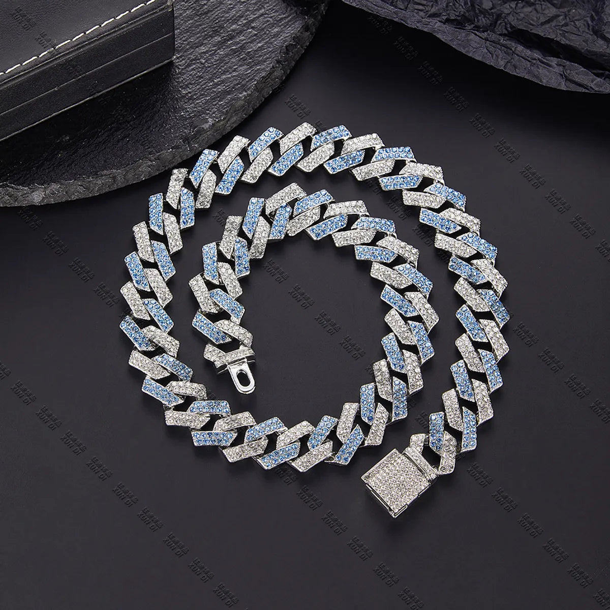 Silver Blue and White Bar Cuban Link Chain