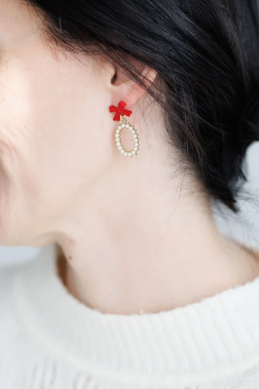 Silver earrings for women -Beautiful Red Bow and Pearl Earrings