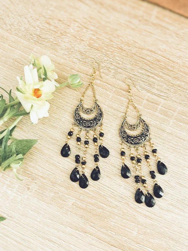 Personalized earrings for women -Beautiful Black Boho Chandelier Earrings