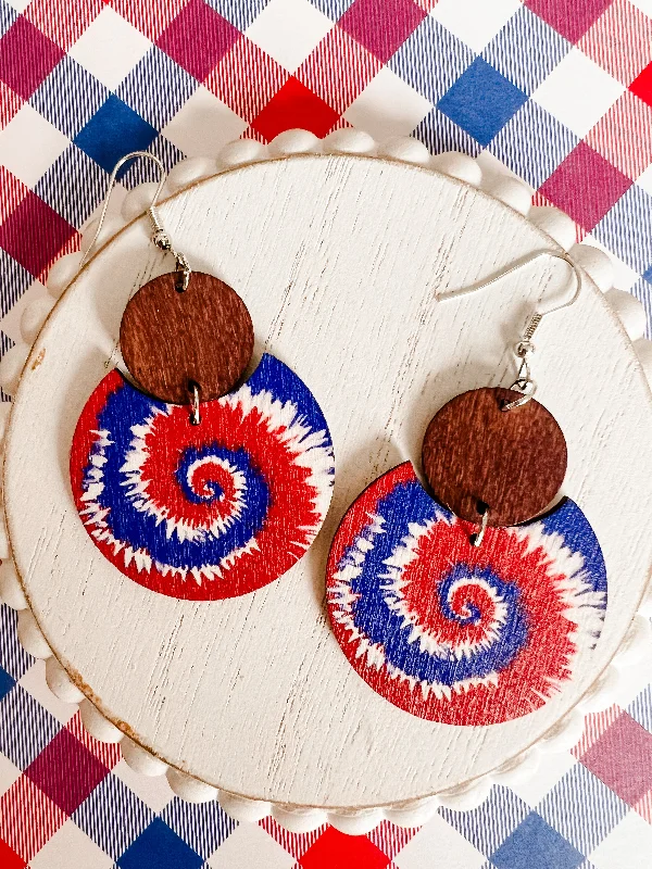 Bohemian earrings for women -Beautiful Red, White, and Blue Wooden Drop Earrings