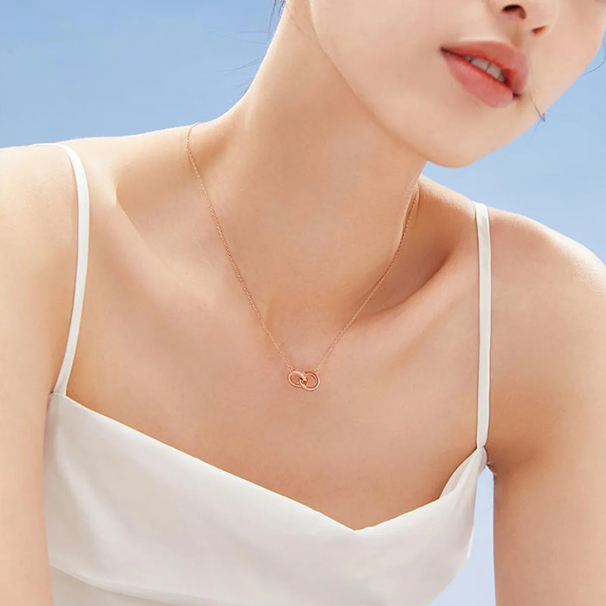 Adjustable necklaces for women -Elegant Simple Style Double Ring Circle Sterling Silver Rose Gold Plated White Gold Plated Zircon Necklace In Bulk