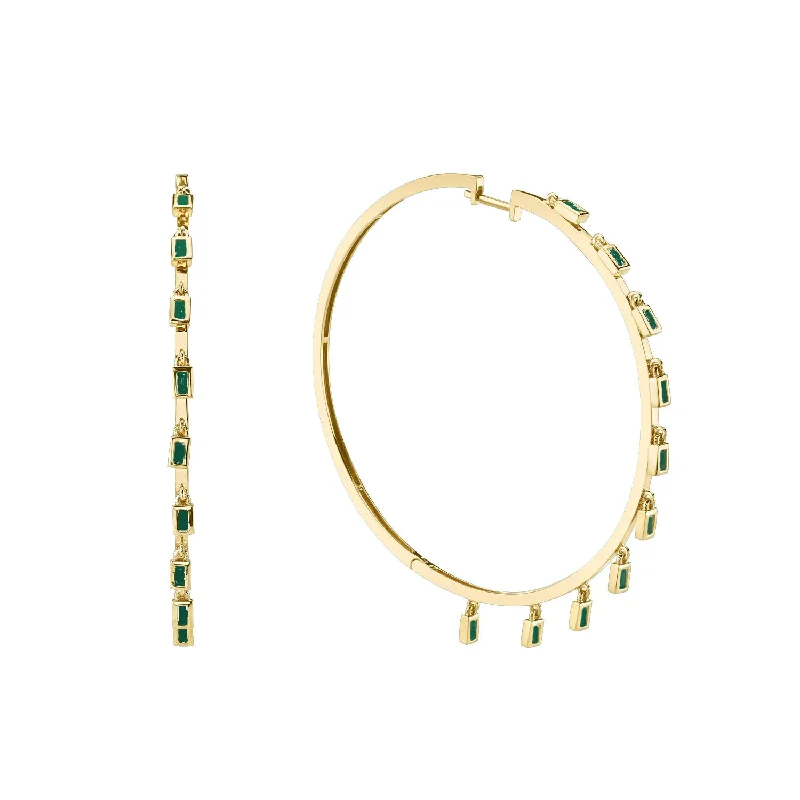 Gold stud earrings for women -READY TO SHIP EMERALD BAGUETTE DANGLE HOOPS