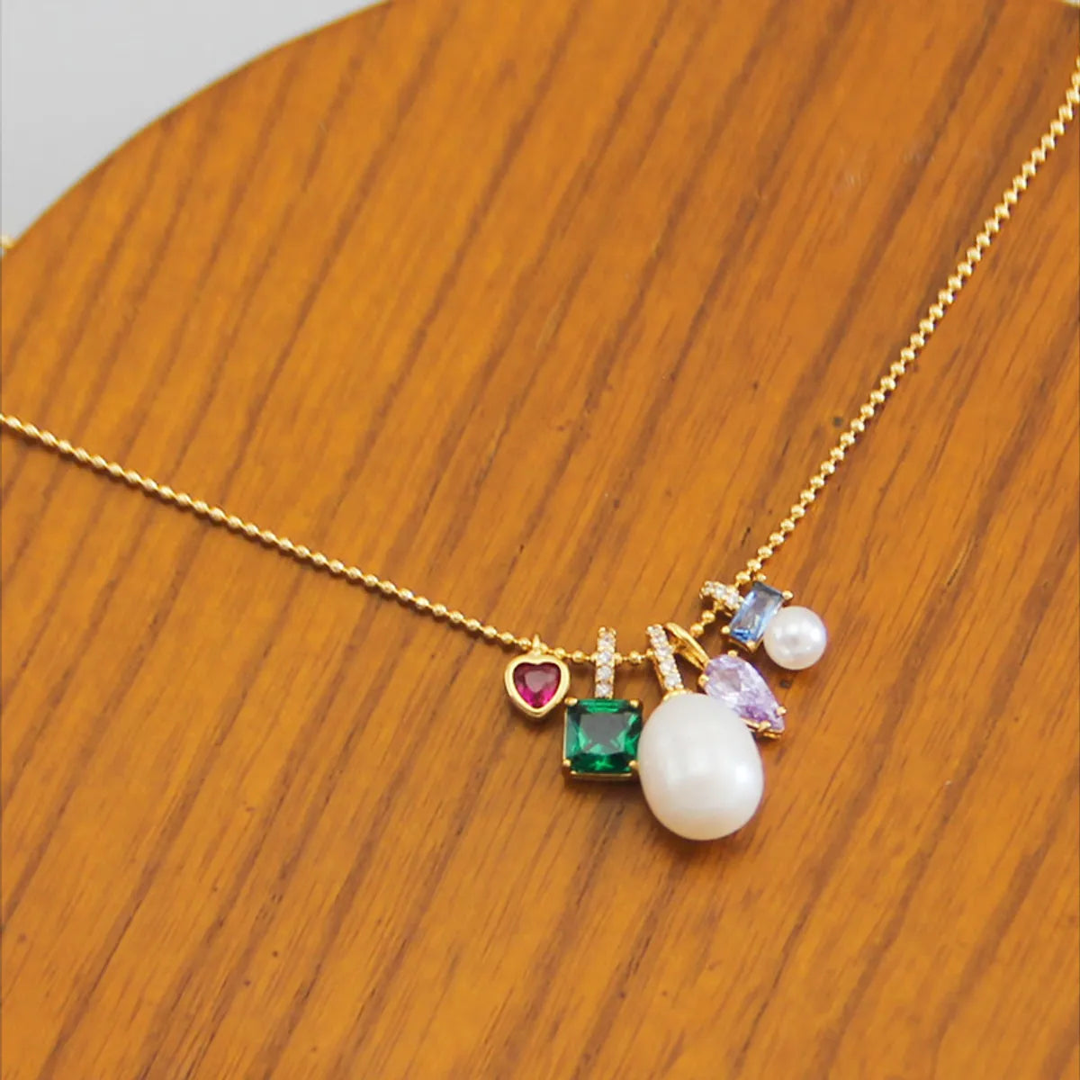 Silver chain necklaces for women -Elegant Square Heart Shape Freshwater Pearl Copper Inlay Zircon Pendant Necklace