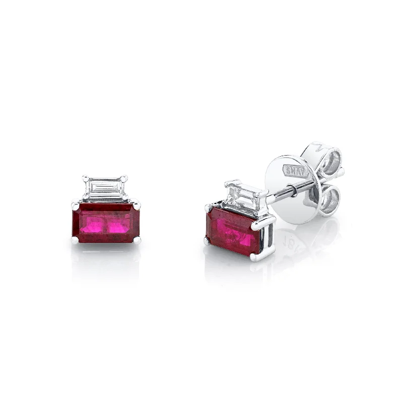 Fine diamond earrings for women -DIAMOND & RUBY TWO STEP STUDS