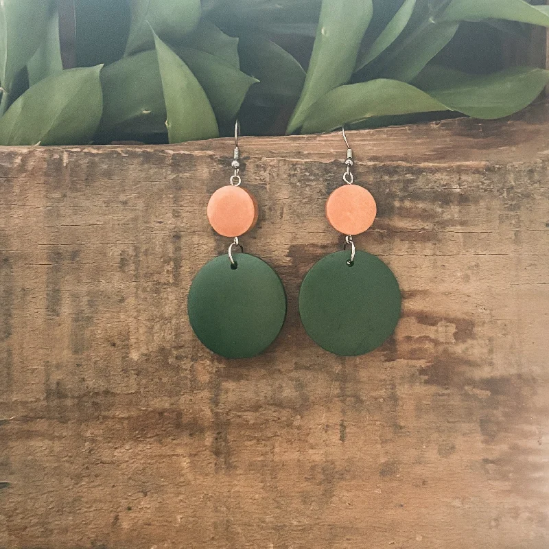 Bridal earrings for women -Beautiful Green Circle Wooden Drop Earrings