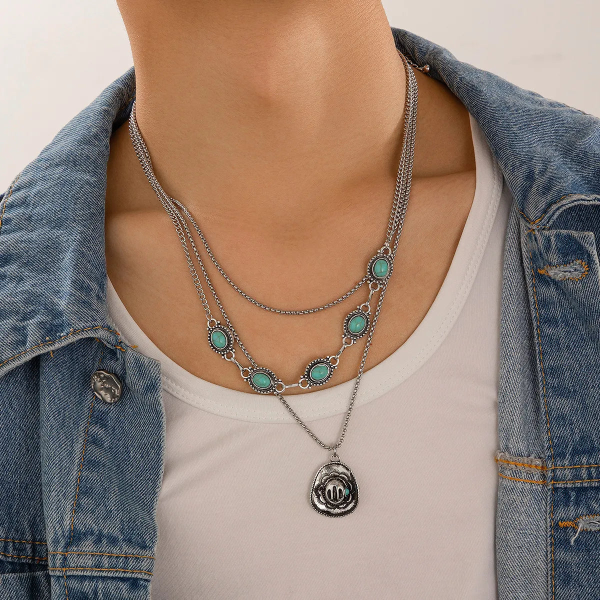 Pendant necklaces for women -Hip-Hop Retro Cowboy Style U Shape Geometric Alloy Plating Inlay Turquoise Men'S Three Layer Necklace