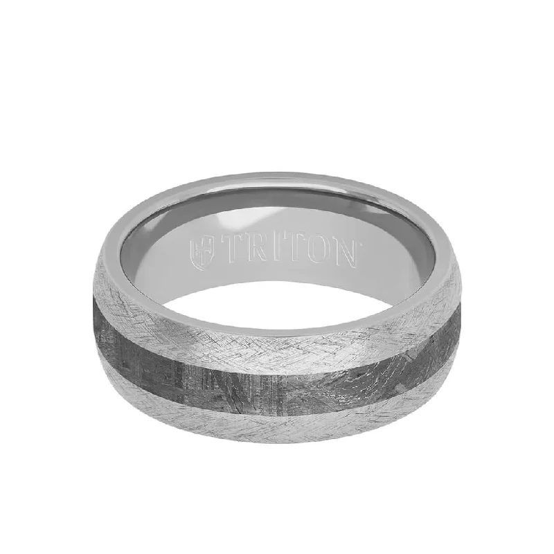 Modern solitaire rings for women -8MM Tungsten Carbide Ring - Meteorite Inlay with Domed Channel and Dome Edge