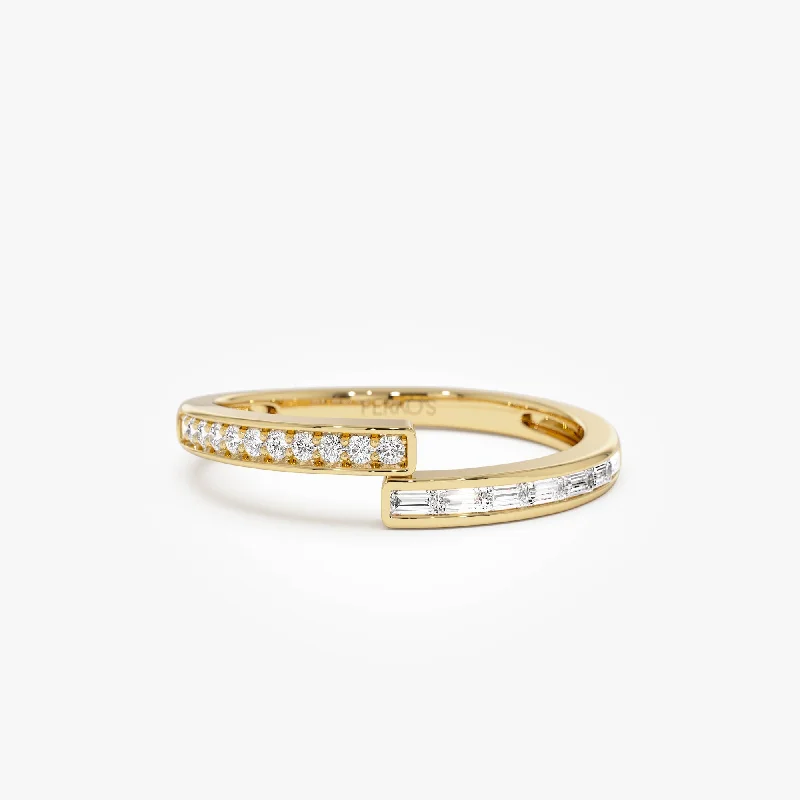 Heart-shaped engagement rings for women -14k Baguette and Round Diamond Crossover Ring