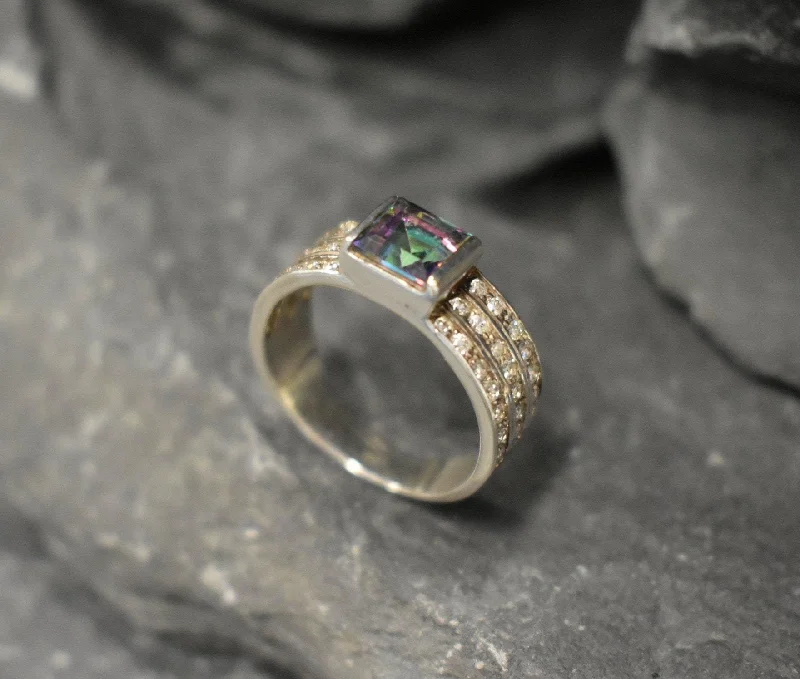 Unique wedding rings for women -Mystic Topaz Ring - Square Purple Ring - Triple Band Ring