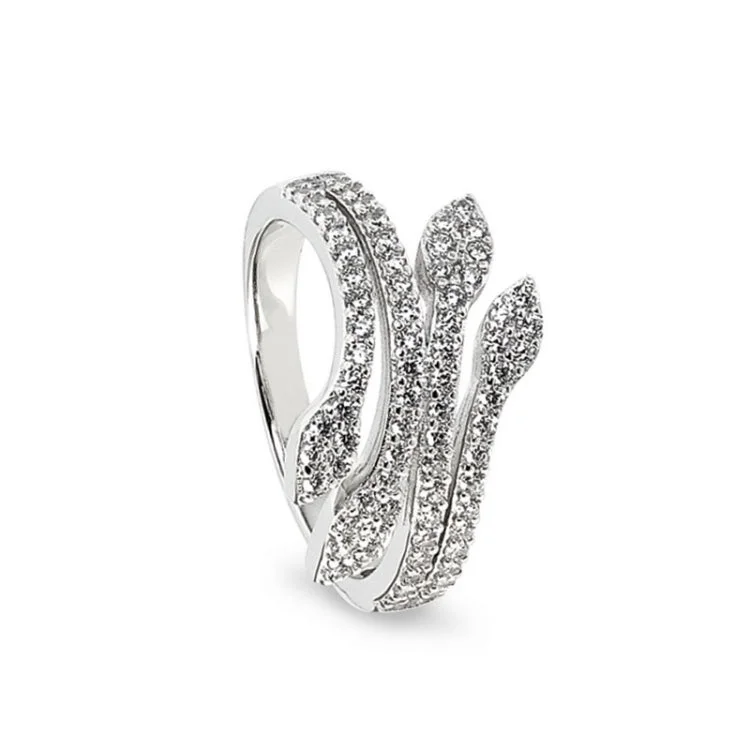 Two-stone engagement rings for women -Platinum Finish Sterling Silver Micropave Leaf Ring with Simulated Diamonds