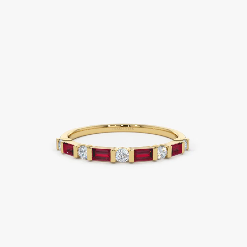 Stackable diamond engagement rings for women -14k Ruby Baguette and Diamond Stackable Wedding Ring