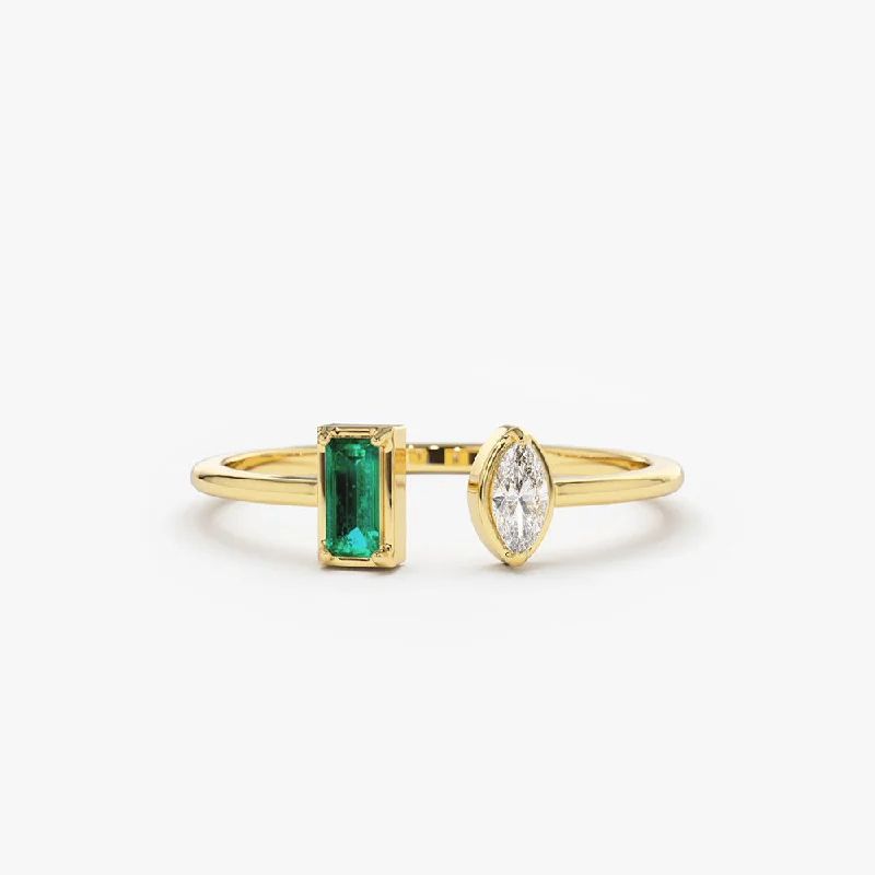 Sparkling engagement rings for women -14K Gold Emerald and Diamond Cuff Ring