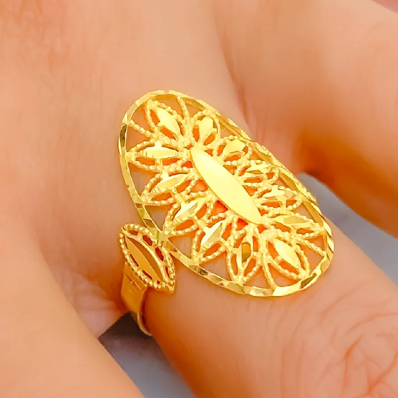 Elegant gemstone rings for women -Sleek Lined 21k Gold Leaf Ring