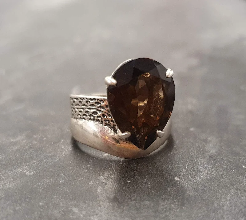 Minimalist diamond rings for women -Smoky Topaz Ring - Teardrop Statement Ring - Topaz Vintage Ring