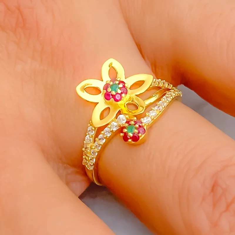 Adjustable rings for women -Delightful Multi Colored 22k Gold Floral CZ Ring