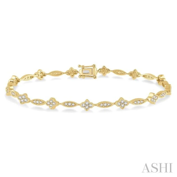 Diamond tennis bracelets for women -1 1/10 ctw Marquise and Floral Link Diamond Bracelet in 14K Yellow Gold