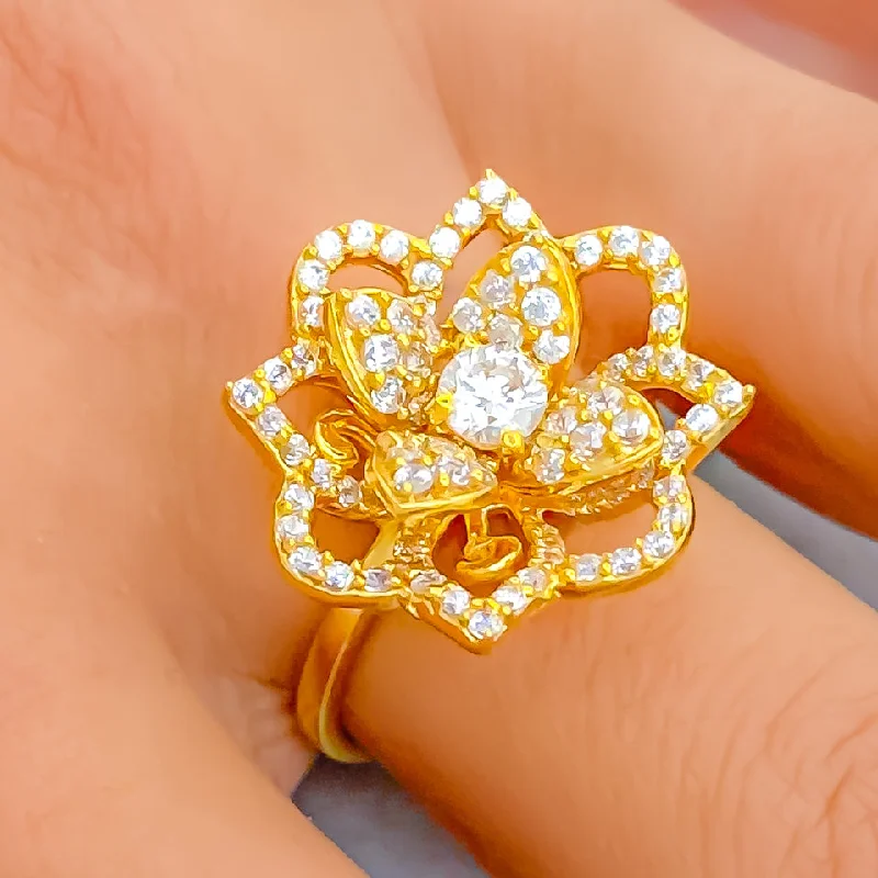 Heart-shaped gemstone rings for women -Radiant 3D Flower 22k Gold CZ Ring