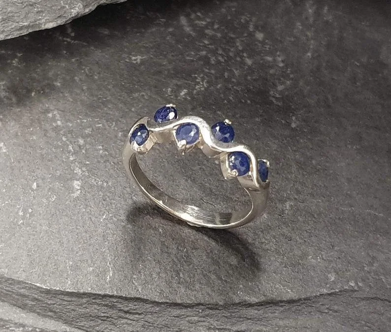 Art deco rings for women -Genuine Sapphire Band - Blue Wavy Ring, Half Eternity Band