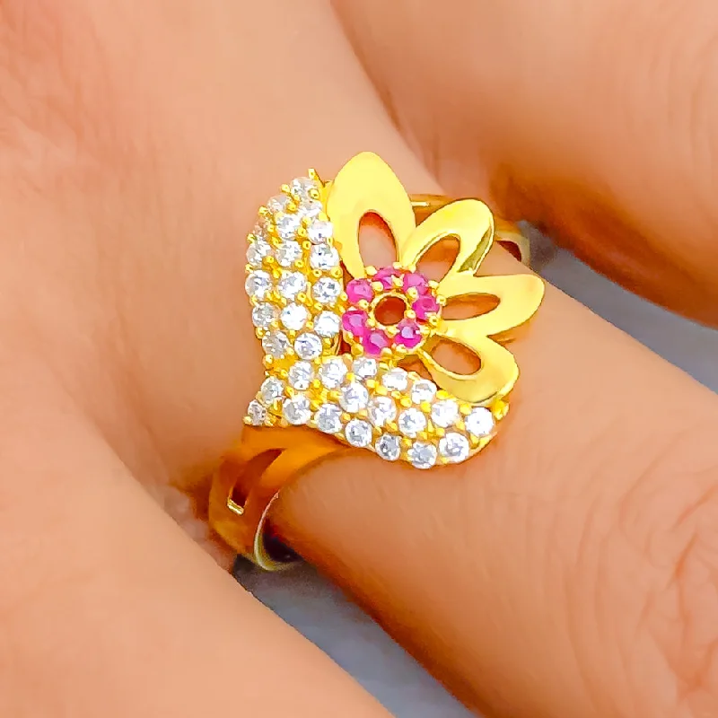 Designer engagement rings for women -Asymmetrical Floral 22k Gold CZ Ring