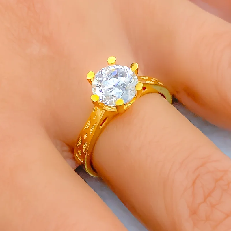 Luxury wedding rings for women -Upscale Evergreen 22k Gold CZ Ring w/ Solitaire