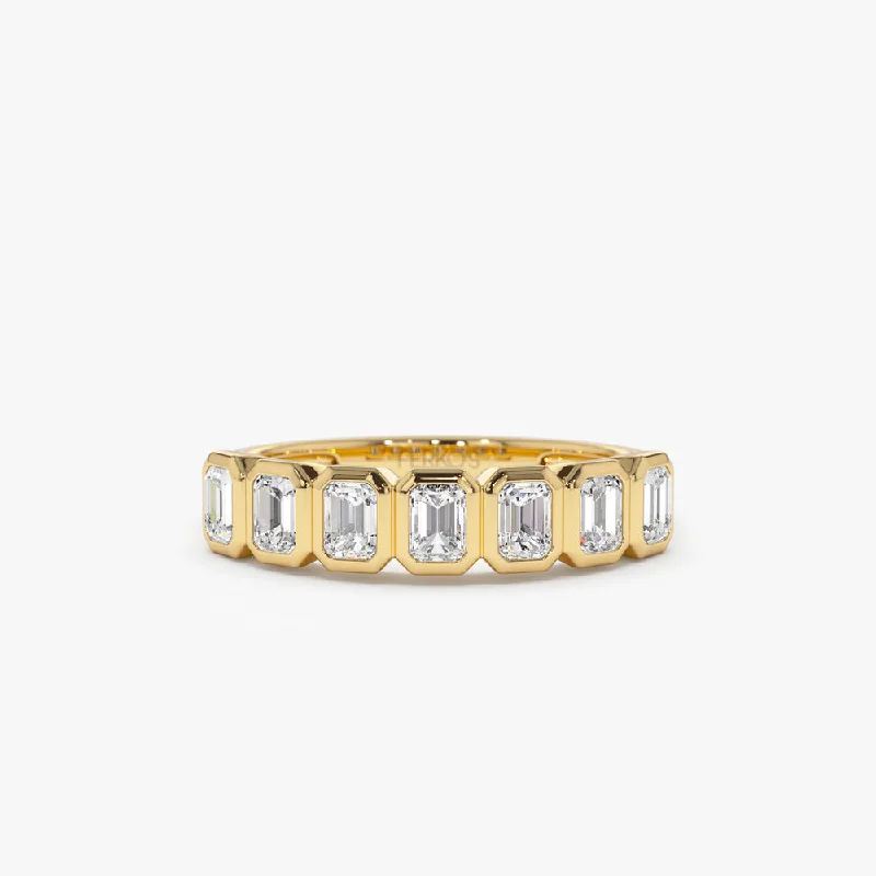 Unique setting engagement rings for women -14k Bezel Setting Emerald Cut Diamond Wedding Band