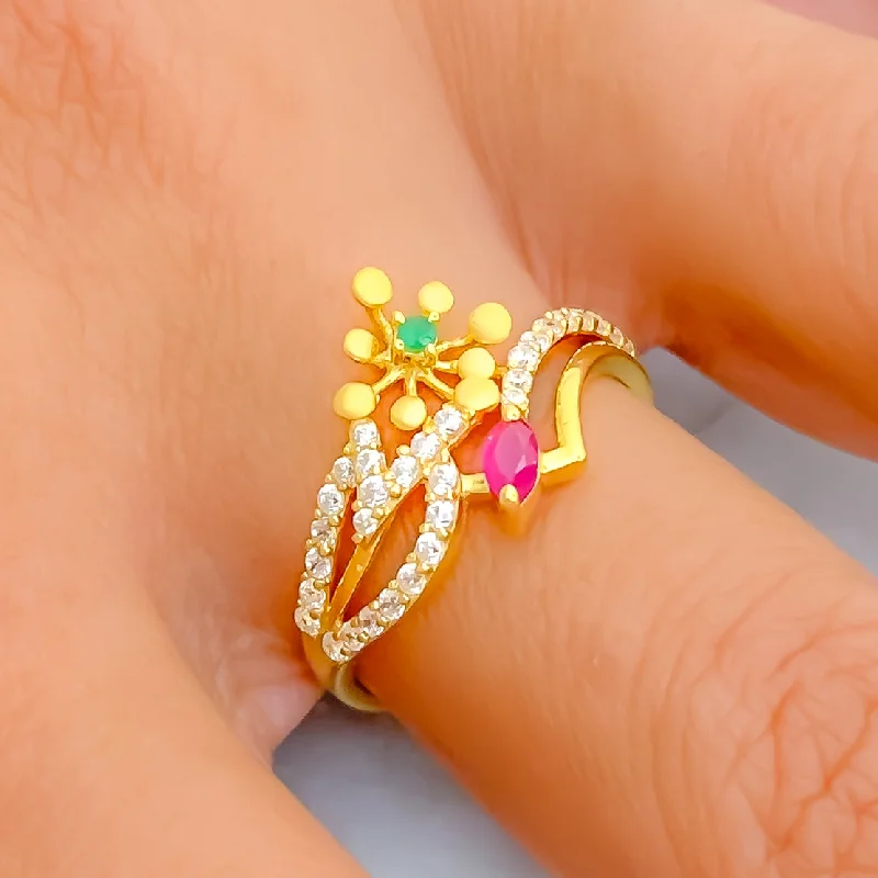 Two-tone rings for women -Intricate Colorful 22k Gold CZ Ring