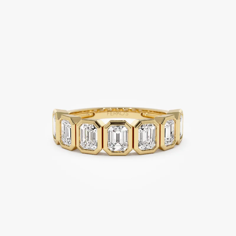 Engagement rings with a twist band for women -1.45 ctw 14k Bezel Setting Seven Stone Emerald Cut Lab Grown Diamond Wedding Ring - Zoey