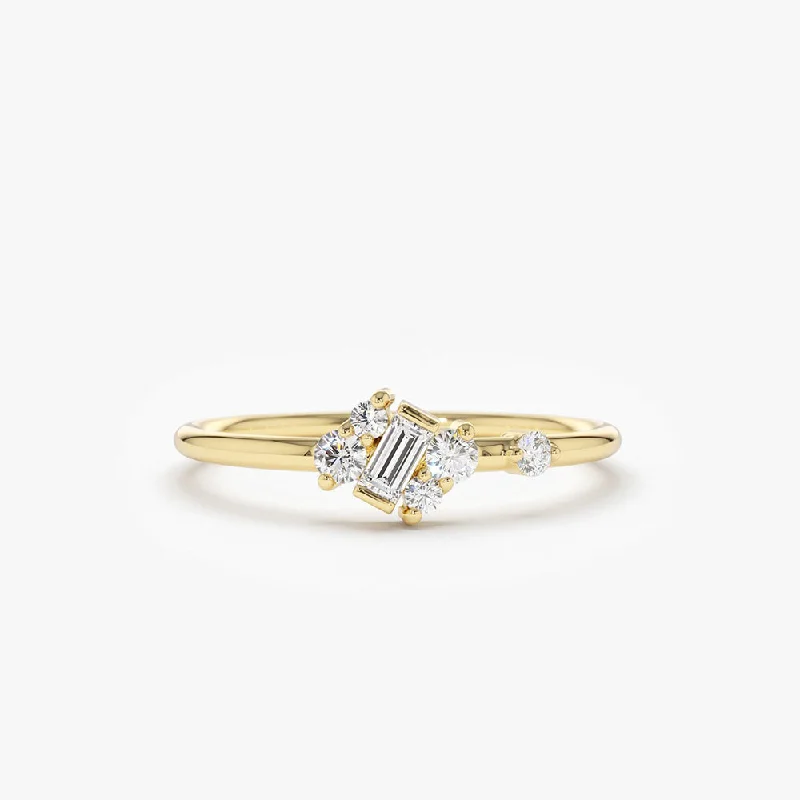 Halo diamond engagement rings for women -14K Gold Slanted Baguette and Round Diamond Ring